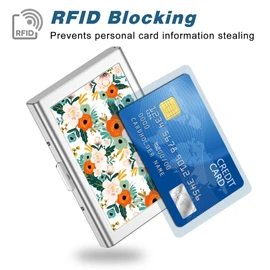 Rimilak Metal Credit Card Holder, Mini Credit Card Wallet RFID Blocking Slim Metal Hard Case for Women Men, Colorful Flower