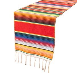 AIMALL Vibrant Mexican Style Table Runner 14x84 inch Cotton Blend Tablecloth with Colorful Stripes and Tassels, Perfect for Mexican Party and Home Decor