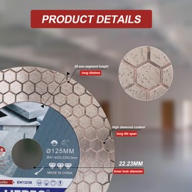 HERZO Diamond Cutting Disc 125 mm, Double-Sided for Cutting and Grinding Granite Marble Tile Natural Stones