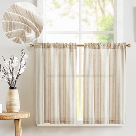 TOPICK Striped Kitchen Curtains for Living Room Bedroom Bathroom Cupboard 36 Inch Drop Linen Blend Short Curtain Tiers Light Filtering Cafe Curtains Rod Pocket Brown on Beige 2 Panels