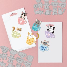 GLOBLELAND Teacup Kitten Cat Metal Die Cuts Teacup Kitten Cat Cut Dies Metal Stencils Metal Cutting Dies for Card Making Embossing Tool Stencil Scrapbooking DIY Craft Album Paper Card Decor