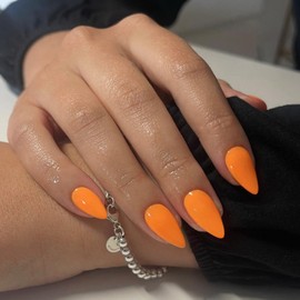 Orange Nails Press on, Winter Reusable Press on Nails Short Almond Shaped, SXVME Glue on Nails Short Fake Nails, Best Thick Acrylic False Nails, Glossy Solid Colored Stick on Nails for Women 30Pcs