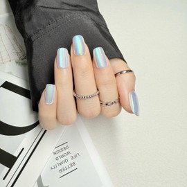 DM DOMAII Press on Nails Short-Aurora Sea Blue Color Plated Nail Flash White Fairy Wear Nail Removable in 15 Sizes-30 Fake Nails Kit,Glossy Finish for Women Girls