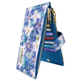 Coco Rossi Womens RFID Blocking Large Capacity Wallet Multi Card Organizer Bifold Wallet for Women with Zipper Pocket, Blue Flowers, Large, Classic