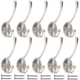 Bosdontek 10 Pack Coat Hooks Wall Mounted, Heavy Duty Coat Hanger Hooks, Matte Silver Clothes Hooks for Wall Hanging, Decorative Robe Clothes Hooks Metal Coat Hooks Hardware for Wall Door & Wardrobe