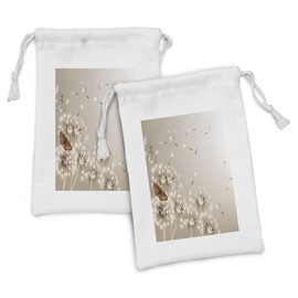 Lunarable Dandelion Fabric Pouch Set of 2, Realistic Design 3D Technique of Blow a Wish Flower and a Flying Butterfly Image, Small Drawstring Bag for Toiletries Masks and Favors, 9" x 6", Multicolor