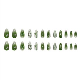 24 Pcs Medium Almond Press on Nails RIICFDD Green Fake Nails with Star Designs Y2K Full Cover Acrylic Nails Silvery French False Nails 3D Lines Stick on Nails for Women