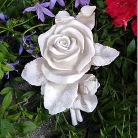 XL Rose with Stem Rose Flower Also Grave Decoration Grave Decoration Rose Bouquet Cast Stone 16 cm Grey Patina White Approx. 360 g