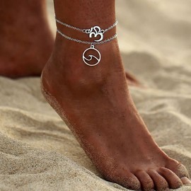 Wedity Boho Anklets Silver 3D Digital Combination Anklet Wave Ankle Bracelets Summer Accessories Beach Foot Jewelry Adjustable for Women and Girls