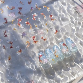 Fish Nail Stickers for Nail Art, 5D Embossed Nails Design Sticker Koi Fish Nail Decals Self Adhesive Exquisite Nails Supplies Cute Goldfish Nail Art Stickers Spring Summer Manicure Decals for Women
