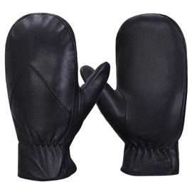 Mens Leather Mittens Soft Lambskin Warm Winter Fleece Lined by MGGMOKAY,Black,M