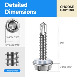 Self Drilling Screws for Metal 100Pcs #10 x 1 Self Tapping Screws for Metal Plastic Wood, 410 Stainless Steel Hex Head Sheet Metal Screws, High-Strength Quick Self-Tapping Screws by Marysino