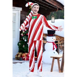 Arvilhill Mens Candy Cane Costume Adult Christmas Loose Fit Novelty Hat Shirt with Tie Pants Pocket Outfits S