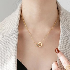 Karma NH10785785 Women's Necklace Stainless Steel Gold 40 Chain with Double Ring Pendant with Roman Numerals and Sparkling Stones Jewellery for Women Adjustable Women's Necklace, 40 cm, Metal, No