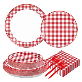 Grencian 200Pcs Red Gingham Party Supplies Red and White Buffalo Checked Plaid Plates and Napkins Disposable Gingham Dinner Tableware for Birthday Picnic BBQ Baby Shower Party Decorations, Serves 50