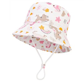 JUPSK Children Beach Hat, Unisex Kid Summer Hats Bucket Hat Wide Brim Sun Protection Hats Foldable Kids Sun Cap with Dinosaur Unicorn Pattern White