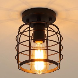 Create for Life® Industrial Vintage Flush Mount Ceiling Light,Rustic Metal Cage Pendant Lighting Lamp Fixture for Hallway Stairway Kitchen Garage, E26, Black Painting Finish