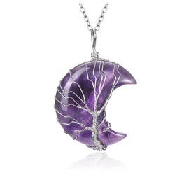 CrystalTears Amethyst Crystal Moon Necklace Tree Life Wire Wrapped Natural Healing Quartz Crystal Stone Necklace Gemstone Jewellry Crystal Mothers Day Gifts for Mum Women Her Wife