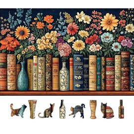 Vintage Books & Flowers 500-Piece Jigsaw Puzzle for Adults - Floral Library Scene Puzzle with Colorful Blooms, Decorative Book Spines - Challenging Yet Relaxing Puzzle, 23"x15"