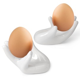 vibedor 2 Pcs Creative Ceramic Egg Stands, Porcelain Egg Holders Hand Shaped Egg Cups Holder for Hard Boiled Eggs in Living Room, Restaurant and Dining Table for Breakfast, Display