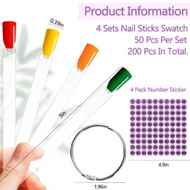 BQAN 200 Pcs Nail Swatch Sticks with Ring, Nails Art Display Nail Swatch Sticks | Nail Practice Sticks for Home or Salon Use, 4 Pack Number Stickers