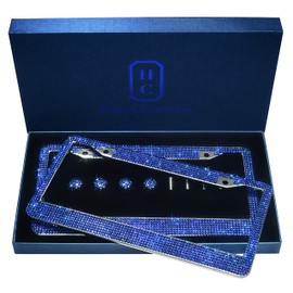 Luxury Handcrafted TRUE COLOR Bling Rhinestone Premium Stainless Steel License Plate Frame with Gift Box | 1000+ pcs Finest 14 Facets SS20 Black Rhinestone Crystal | Anti-Theft Screw Cap (blue)