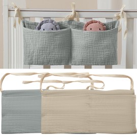 ZOCONE 2 Pieces Baby Bed Organiser Hanging, 2-in-1 Baby Nursery Organiser Hanging Baby Bed Adjustable Organiser for Nappies Clothes Toy Hanging Organiser Baby Bed Bag (Bean Green + Khaki)