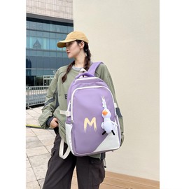 Fashion Backpack with Letter M Design, School Supplies Aesthetic Book Bag with Plush Duck Pendant Trendy Preppy Daypack (Purple)