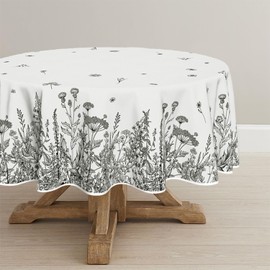 Horaldaily Spring Summer Tablecloth 70×70 Inch Round, Wild Flowers Floral Black Washable Seasonal Table Cover for Party Picnic Dinner Decor