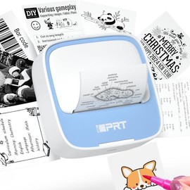 Mini Printer with 1 Roll of Stickers – Portable Bluetooth Inkless Thermal Printer for Study Notes, Pictures, DIY, and Labels:_White-Blue