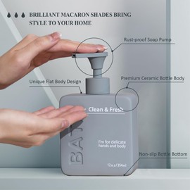 MKLZ Ceramic Soap Dispenser for Bathroom, 12oz Lotion Hand Dispensers with Pump, Refillable Dish Liquid Bottle for Kitchen Sink - Grey