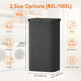 Lifewit 100L Laundry Basket with Lid, Large Laundry Hamper with Plastic Handles and Removable Bag, Foldable Tall Dirty Clothes Hampers for Laundry for Laundry Room, Bedroom, Bathroom, Dorm,Dark Gray