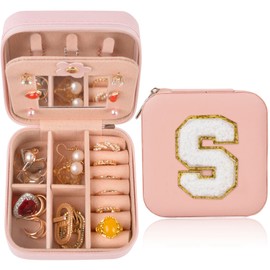 ChezMax Small Jewelry Box for Travel, Mini Initial Jewelry Box, Pink Jewelry Organizer Box, Jewelry Case for Birthday Christmas Valentine Gifts Initial S