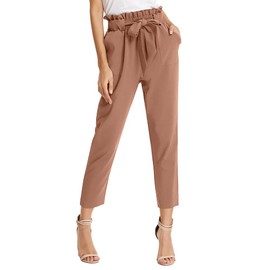 GRACE KARIN Women's Cropped Paper Bag Waist Pants with Pockets Apricot