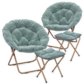 Athena Collection Round Saucer Chair with Ottoman Set of 2 for Adults, Oversize Comfy Cozy Faux Fur Folding Reading Chair with Metal Leg Lazy Relaxing for Living Room Bedroom Dorm Apartment, Teal