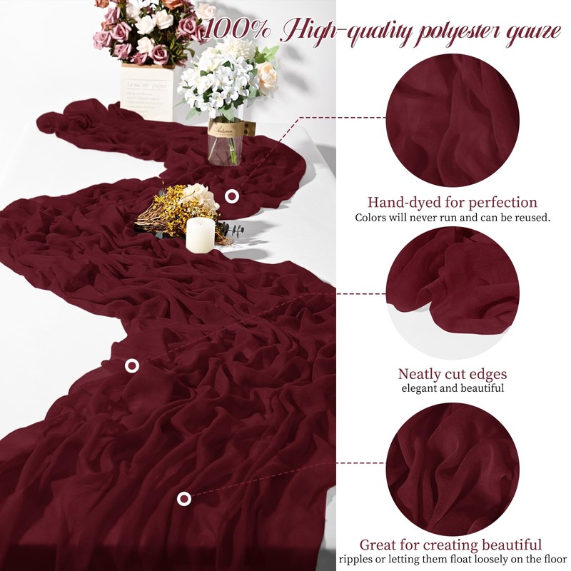24 Packs Burgundy Cheesecloth Table Runner,10ft Wine Red Rustic Gauze