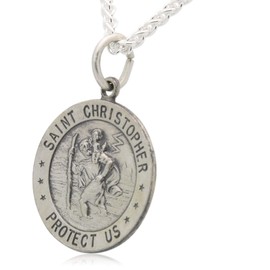 All Patron Saints Round Antiqued St. Christopher Necklace Medal in Solid Sterling Silver With 20 Inch Chain And Jewelry Gift Set - Size 18 MM (Teen or Woman)