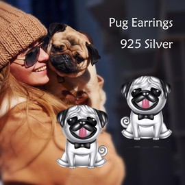 Pug Stud Earrings for Women S925 Sterling Silver Cute Pug Jewelry Gifts for Animal Lovers