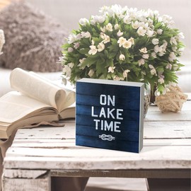 Knibeo On Lake Time Navy Blue Wood Box Sign Decor,Lake Lover Gifts,Housewarming Gifts,Rustic Lake Themed Wooden Block Plaque Box Sign For Summer Home Lake House Wall Desk Shelf Decorations