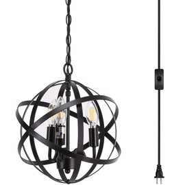 ANYONGLU 3 Light Chandelier Plug in Pendant Hanging Light Globe Swag Black Iron Lamp Chain Adjustable 15 Ft Cord On/Off Switch for Hallway Entryway Bedroom Balcony Kitchen Island Foyer
