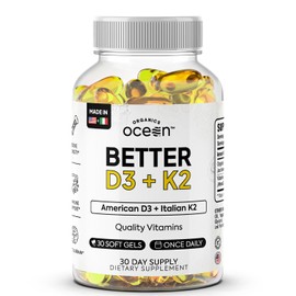 Organics Ocean Better D3 + K2-100% Organic VIT D3 and K2 Supplements with Maximum Bioavailability - Supports Bone Density, Calcium Balance, Immunity & Mood - 1-Pack, 30-Day Supply