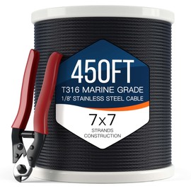 1/8" T316 Stainless Steel Cable, Electroplated Black Aircraft Cable for Deck Railing, 7x7 Strand Core, 450FT, Come with Cutter