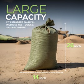 Empty Sandbags Military Green with Ties (Bundle of 10) 14" x 26" - Woven Polypropylene Extra Heavy Duty Sand Bags Flood Protection
