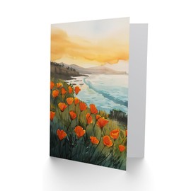 Artery8 Greeting Card Shoreline California Poppies Floral Watercolour For Her Woman Birthday Card