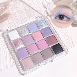 Paleta de Sombras de Ojos de 16 Colores en Azul, Morado y Rosa, Tonos Fríos con Acabados Mate y Brillantes, Glitter Plateado, Rosa, Lavanda y Negro, para Looks Naturales o Ahumados, Set de Maquillaje Portátil