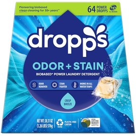 Dropps Cápsulas de detergente para ropa de manchas y olores, aroma limpio, mantiene la ropa fresca, previene ingredientes a base de plantas, 64 unidad