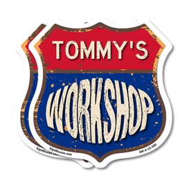 Tommy's Workshop (2 Pack) 12 inch X 12 inch Shield Shaped Commercial Grade Plastic Signs Weather Resistant, UV Protected To last, Gift for Dads and Uncles Classic Americana Crafted in the USA