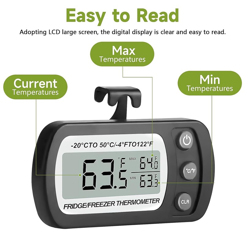 8 Pack Refrigerator Thermometer, Digital Freezer Small Black Fridge Thermometer,