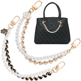 Isslly 2pcs Pearl Purse Double Chain, Stainless Steel Purse Chain Extender with Flower, Short Handle Replacement Charms Accessories for Wallets Handbags Bags- White & Black