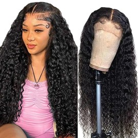 Hxxcoup Human Hair Wig Water Wave Natural Black 13 x 4 Lace Front Real Hair Wig Women's Glueless Wear and Go Blenched Knots with Baby Hair for Woman Minimal Smell 32 Inches (81 cm)